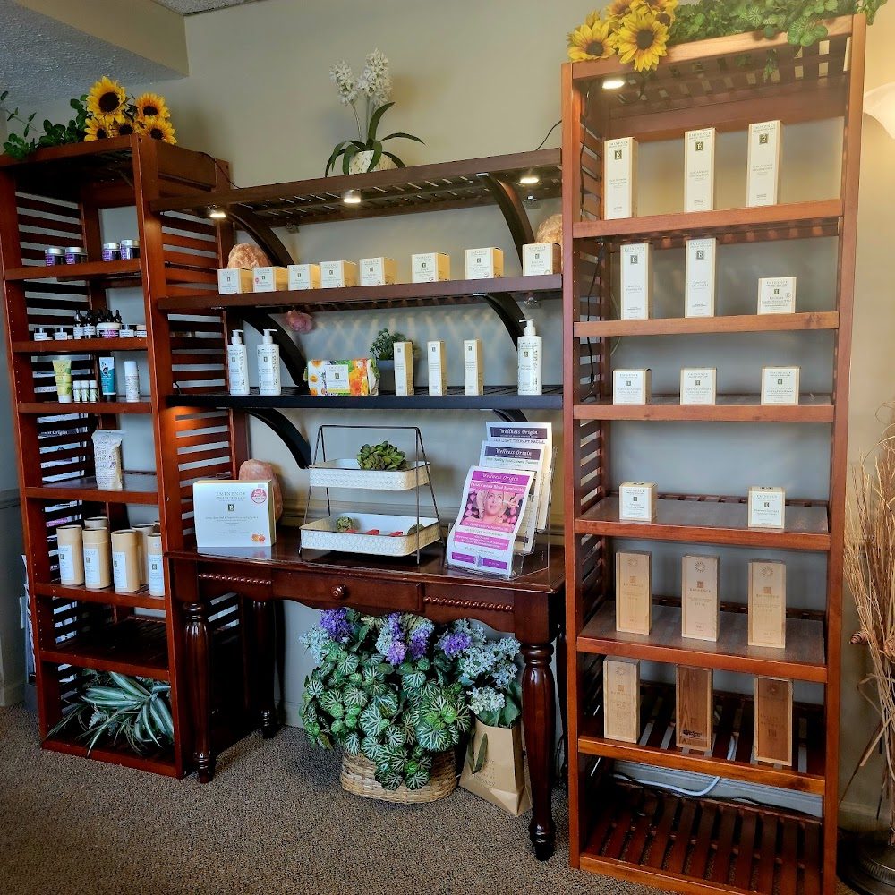 Organic skincare retail shelving at Wellness Origin Spa